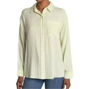 Ivory lime green plaid button down long sleeve top blouse
